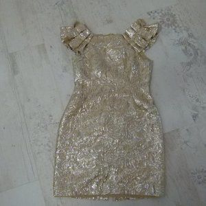 Beautiful metallic gold silver Marchesa Notte off shoulder dress 6